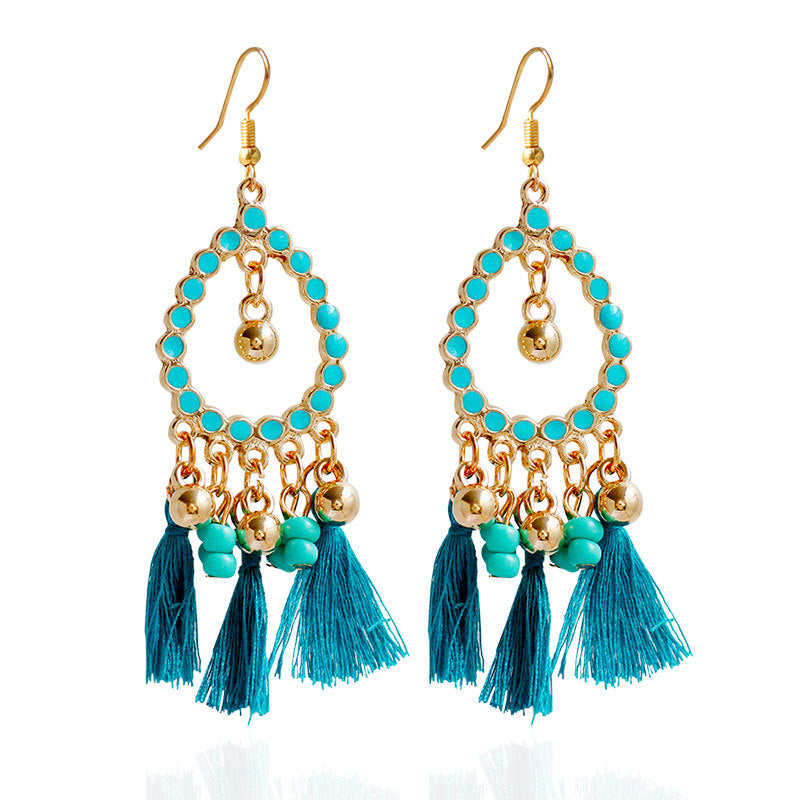 Bohemian Alloy Beads Drop Tassel Women Earrings