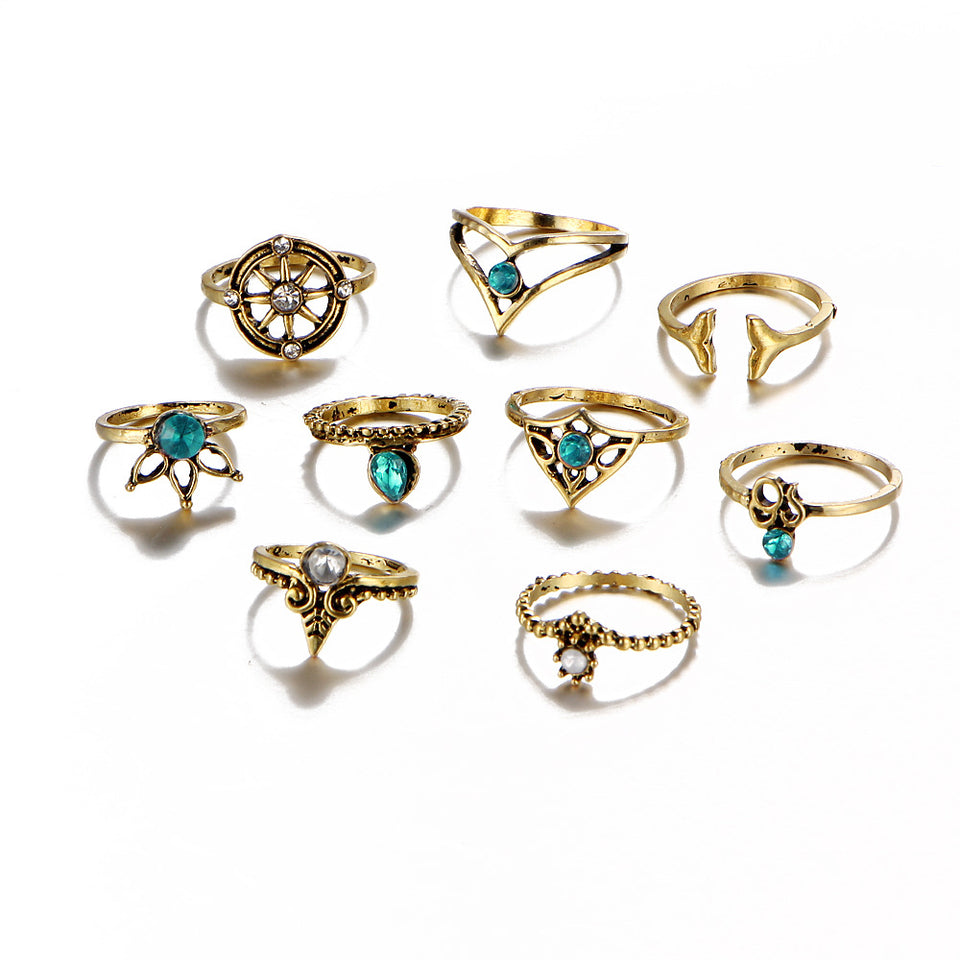 9 Pcs Bohemian Statement Ring Set Helm Leaf Knuckle Rings