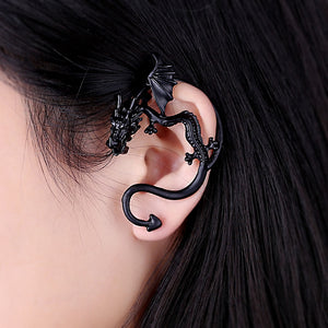 Unisex Statement Punk Dragon Ear Cuff Black Gold Ear Clip