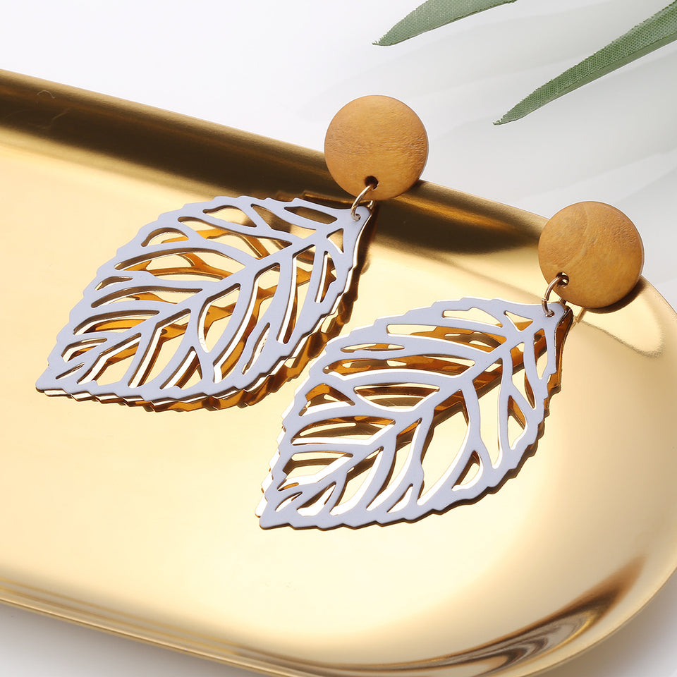 Simple Style Wood Hollow Leaves Drop Earrings  for Women