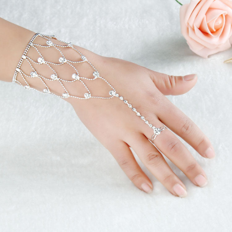 Silver Plated Metal Rhinestone Anklet Hand Ring Bracelets