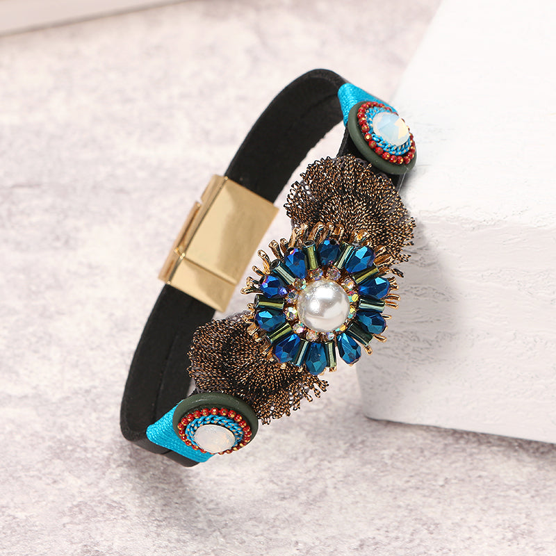 Bohemian Bracelet Gold Plated Flower Charm Leather Bangle Boho Jewelry for Women Girl Gift