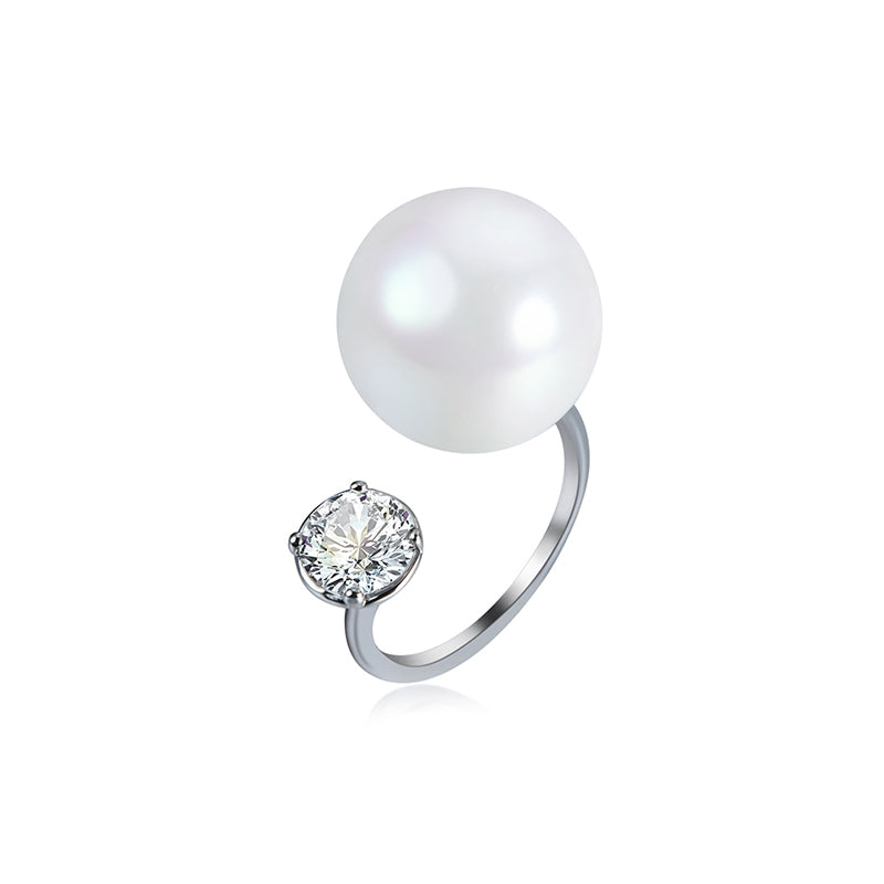 Women's Silver Elegant Pearl Zircon Opening Ring