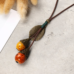 Retro Ceramic Colorful Beads Ball Leaf Leather Rope Necklace