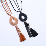 Retro Oval Rhinestone Pendant  Velvet Tassels Long Necklace