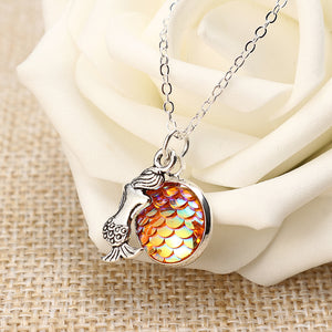 Trendy Time Gemstone Colorful Mermaid Scale Resin Pendant Delicate Silver Necklaces for Girl Women