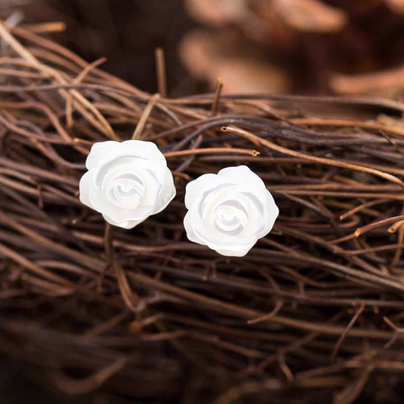 925 Silver Needle Shell Rose Flower Ear Stud Earrings Women Jewelry