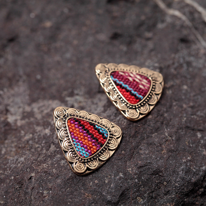 Retro Ethnic Colorful Cloth Triangle Alloy Ear Stud Women Earrings