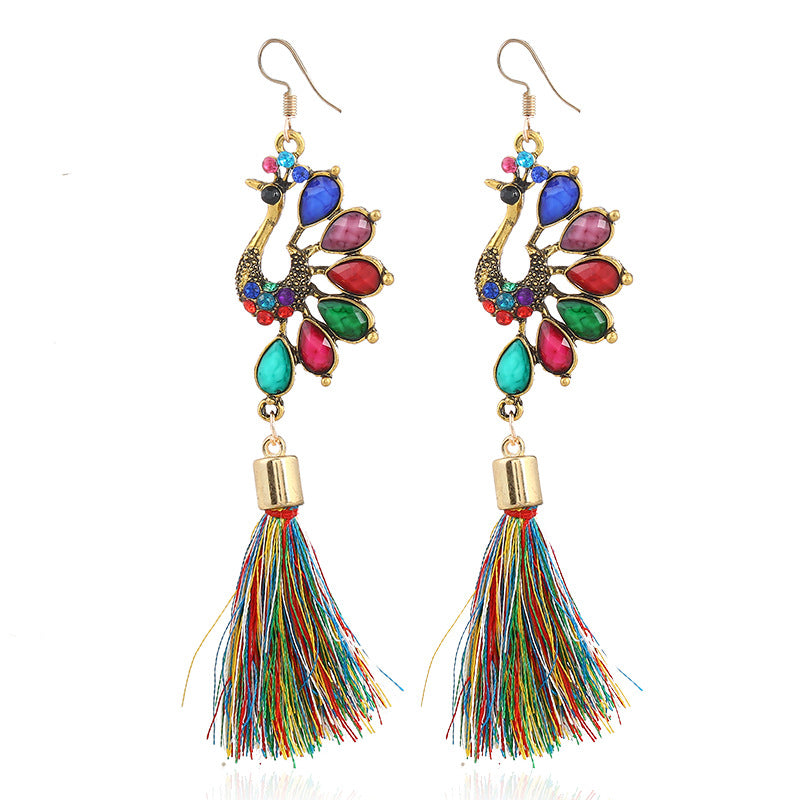 Ethnic Colorful Peacock Crystal Tassel Earrings for Women