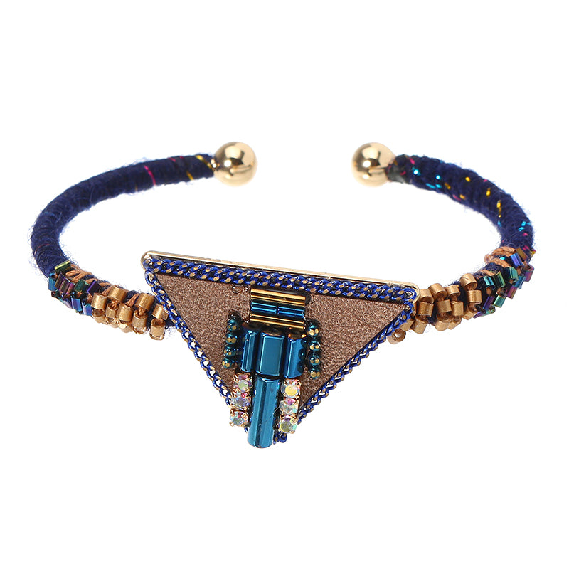 Bohemian Women Bracelet Punk Blue Bead Inlay Leather Triangle Charm Gold Plated Woven Boho Bangle 