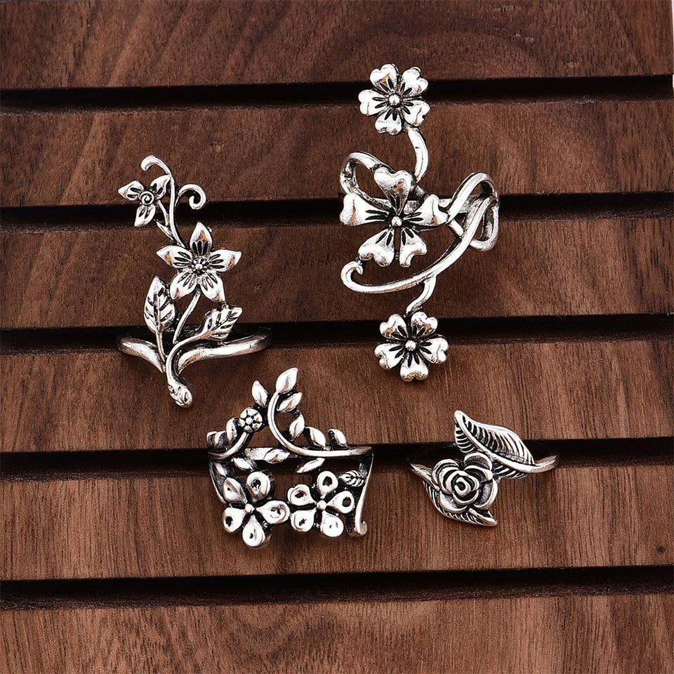 4 Pcs Ring Set Bohemian Flower Silver Rings for Women