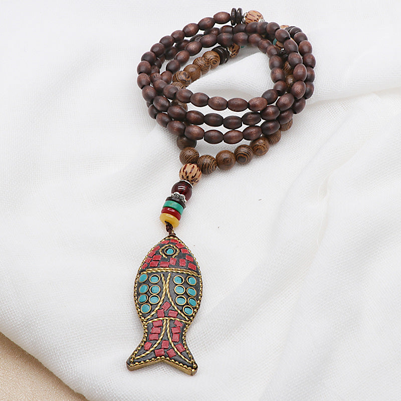 Handmade Nepal Buddhist Mala Wood Beaded Necklace Fish