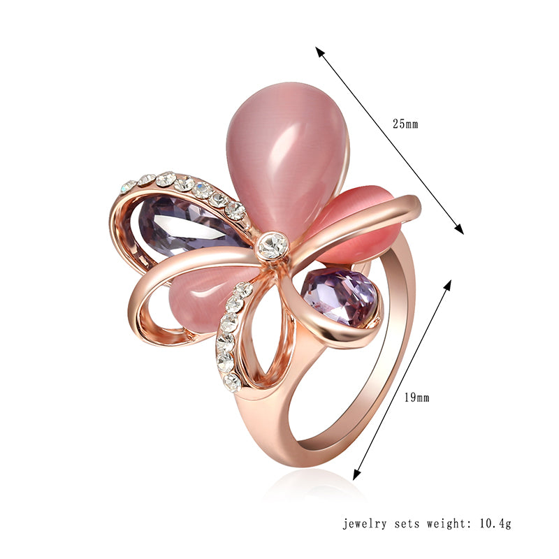 Stylish Pink Flower Opal Crystal Zircon Finger Ring Fine Jewelry for Women Clothing Accessories