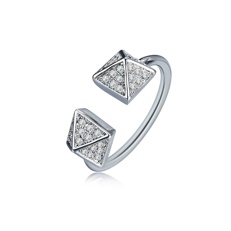 Fashion Platinum Plated Shiny Zircon Adjustable Pyramid Shape Open End Ring Jewelry for Women