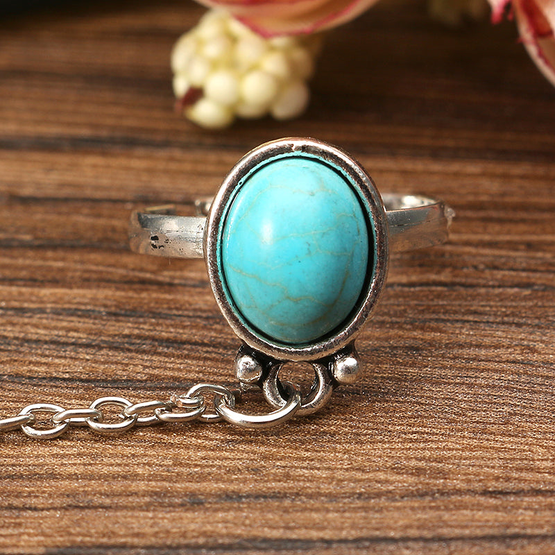 Bohemian Blue Turquoise Ring Bracelet Vintage Alloy Chain Bracelet Women Jewelry