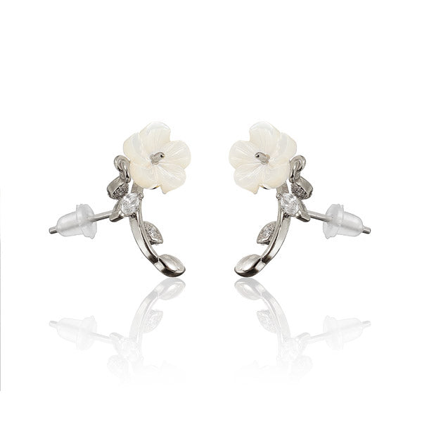 Sweet Flower Leaf White Zircon Crystal Ear Stud Earrings Women Jewelry