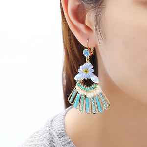 Bohemian 14K Gold Plated Peacock Tail Shape Flower Ear Drop Elegant Blue Opal Earrings for Women