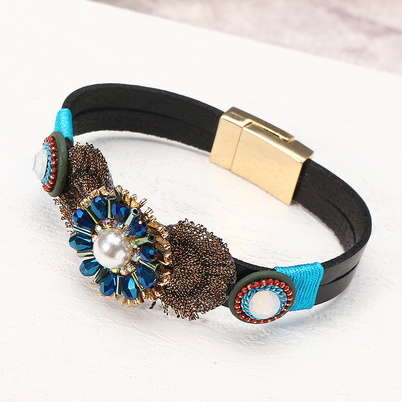 Bohemian Bracelet Gold Plated Flower Charm Leather Bangle Boho Jewelry for Women Girl Gift