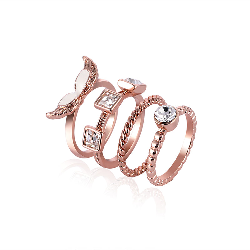 4pcs Rose Gold Zircon Ring Set Twist Line Enamel Wings Fashion Accessories Jewelry Wholesale