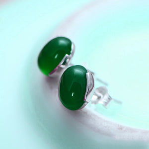 Silver Plated Lady Round Green Agate Earrings Elegant Gemstone Ear Stud Chinese Style for Women