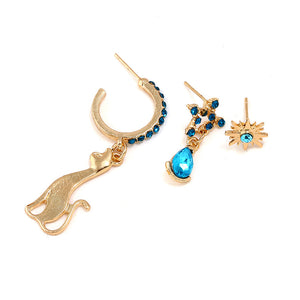 3 Pcs/set Cute Cat with Stars Blue Rhinestone Earring Set