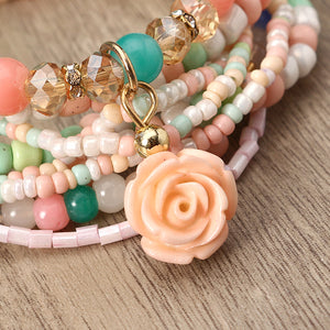 Bohemian Multilayer Sweet Rose Flower Pendant Bead Bracelet Women Clothing Accessories