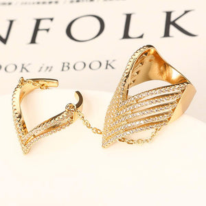 24K Gold Plated Punk Arrow Shape Chain Linked Two Rings Statement Sparkling Zircon Jewelry for Women