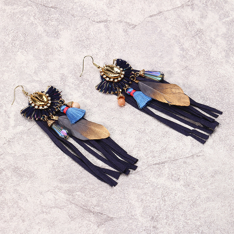 Women Bohemian Earrings Luxury Gold Plated Suede Tassel Pendant Elegant Feather Ear Drop Boho Gift