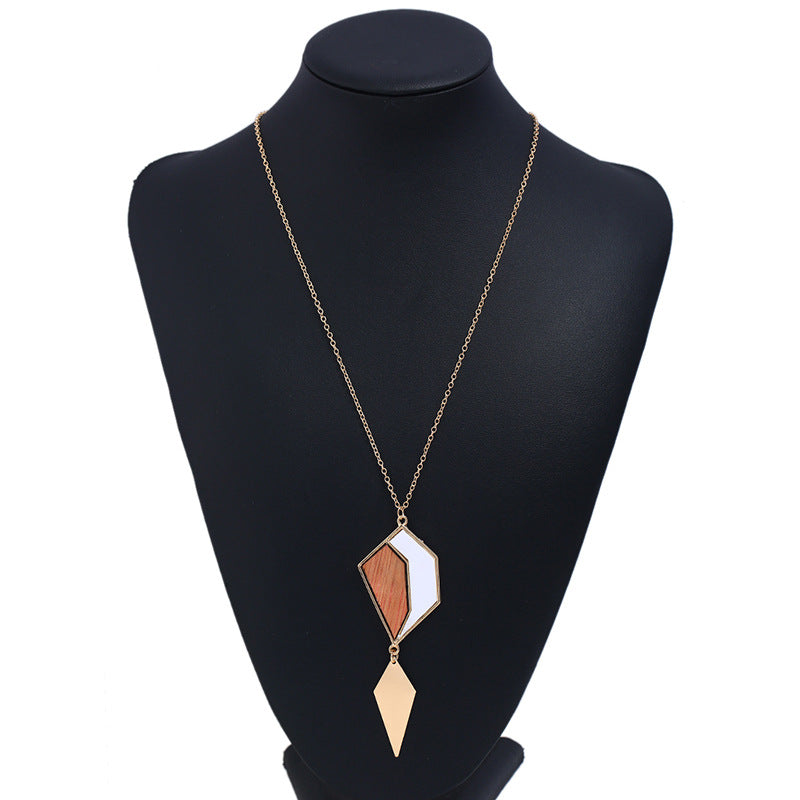 Fashion Geometric Drop Long Necklace Simple Wood Pendant