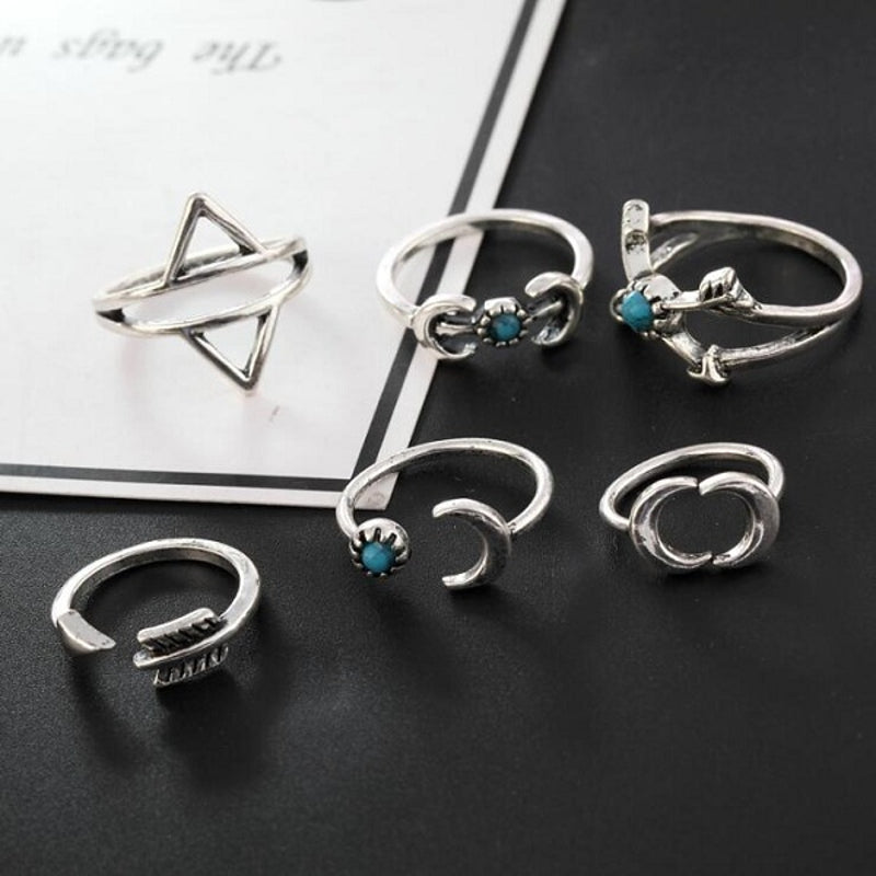 Sweet Set of Finger Rings Sun Moon Triangle Geometric Rings