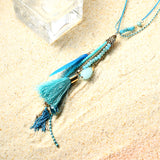 Bohemian Green Crystal Beads Pendant Chain Feather Tassel Long Necklace for Women 