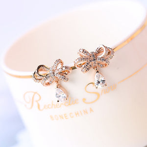 Sweet Bowknot Water Drop Zircon Ear Stud Earrings For Women