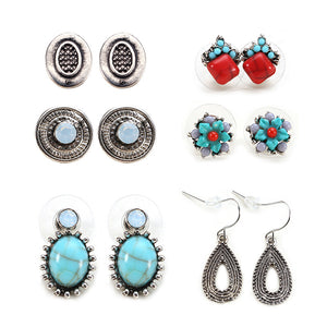 6 Pairs of Turquoise Ear Stud Alloy Rhinestones Earrings Set