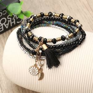 Bohemian Tassel Flower Leaf Pendant Multilayer Beads Bracelets for Women 