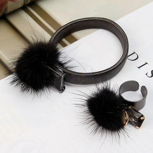 Trendy Fuzzy Ball Rhinestone Elastic Bracelets Finger Rings