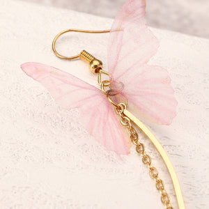 Sweet Pink Butterfly Arc Line Tassel Pendant Ear Clip Drop Earrings Fashion Jewelry for Women 