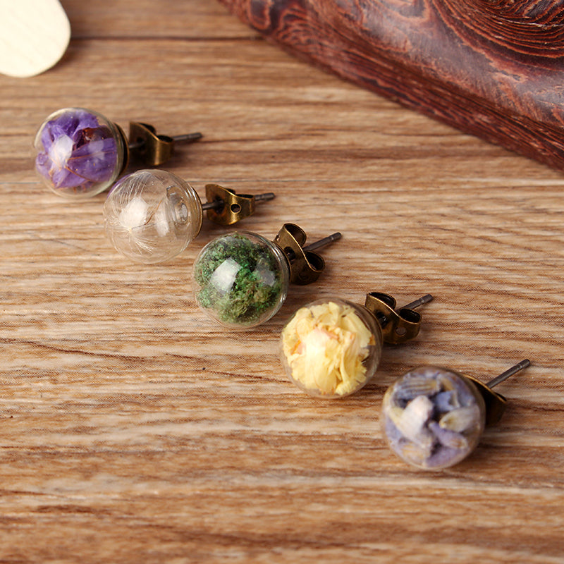 Natural Art Cute Ear Stud Moss Dandelion Lavender Dry Flower Earrings 