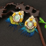 Bohemian Ethnic Earrings 14K Gold Plated Feather Opal Statement Retro Round Ear Clip for Women Gift