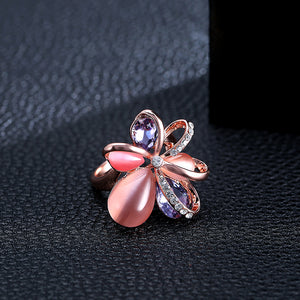 Stylish Pink Flower Opal Crystal Zircon Finger Ring Fine Jewelry for Women Clothing Accessories