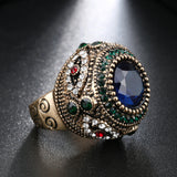 Bohemian Blue Rhinestone Finger Ring Ethnic Gold Plated Ring