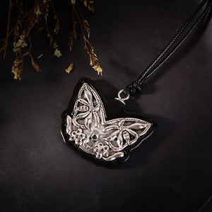 Vintage Black Sandalwood Ethnic Silver Butterfly Charm Neckl