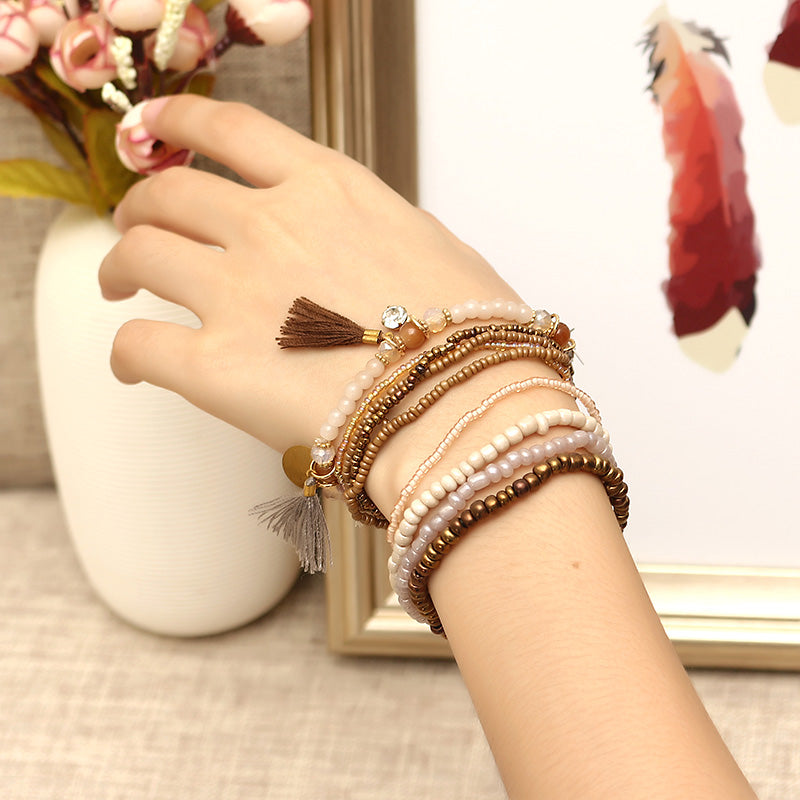 Bohemian Multilayer Tassel Charm Gold Color Coin Pendant Beads Bracelet for Women 