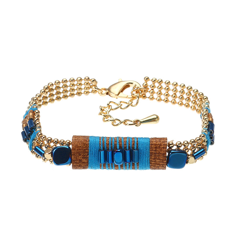 Bohemian Bracelet Gold Plated Blue Glass Bead Thread Charm Adjustable Bangle Boho Jewelry for Women 