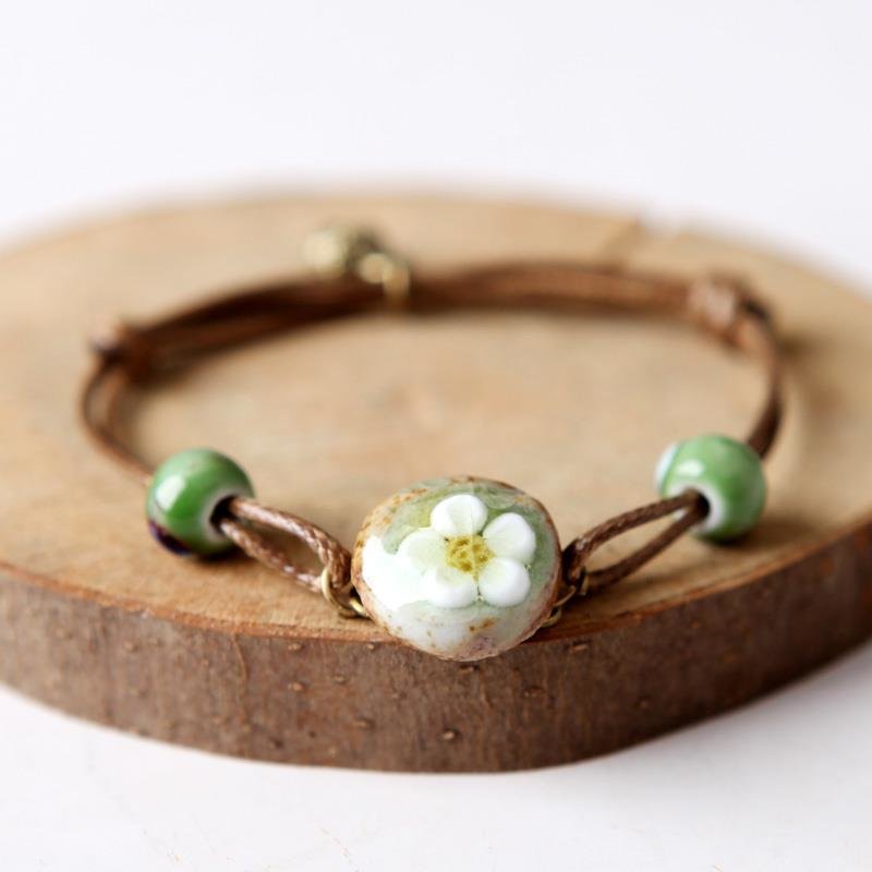 Chinese Ceramics Flower Weave Wax Rope Bracelet Jewelry