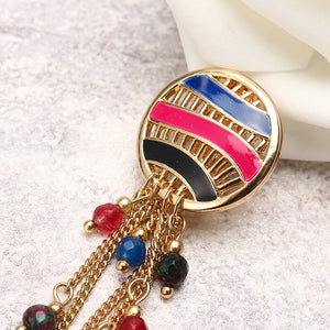 Women Bohemian Earrings Gold Plated Round Charm Tassel Colorful Bead Pendant Ear Clip Boho Jewelry