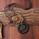 Vintage Enthic Wood Fish Pendant Necklaces for Women