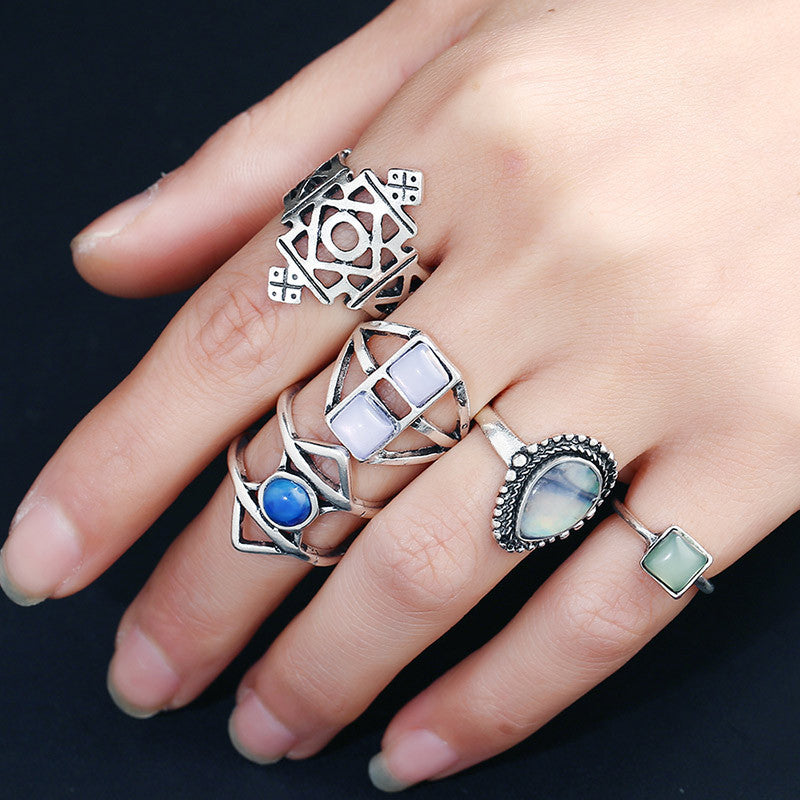 5 Pcs Stylish Bohemian Geometric Alloy Resin Ring Set Jewelry for Women