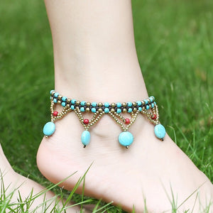 Vintage Turquoise Beads Braided Rope Copper Bell Anklet