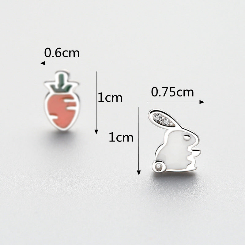 925 Sterling Silver Cute Asymmetric Rabbit Carrot Earrings