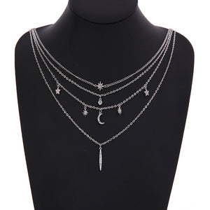 Trendy Multilayer Pendant Necklace Moon Star Bar Chain Charm